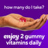 VF B12 1,000 mcg gummy vitamins: two red gummies in a hand with text 'enjoy 2 gummy vitamins daily'.