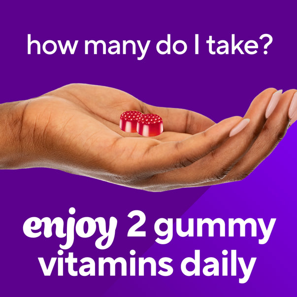 VF B12 1,000 mcg gummy vitamins: two red gummies in a hand with text 'enjoy 2 gummy vitamins daily'.