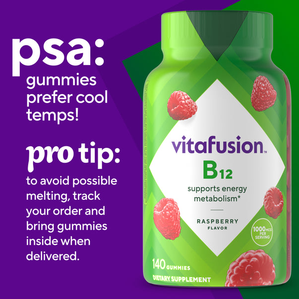 Vitafusion B12 Raspberry Flavor supports energy metabolism*, 1000 mcg, 140 Gummies dietary supplement.