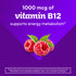 Graphic: 1000 mcg of Vitamin B12 supports energy metabolism, showing three raspberries and FDA disclaimer.