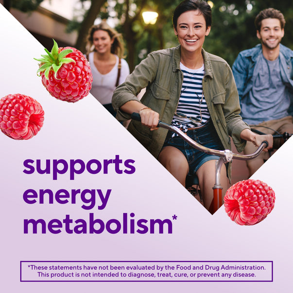 Smiling young woman riding a bicycle, with two other cyclists behind. Three red raspberries are shown. Text: 'supports energy metabolism*'.