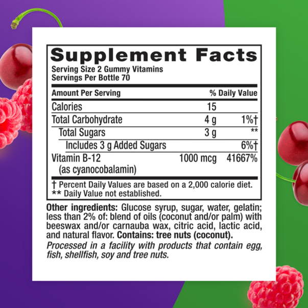 Image of Supplement Facts panel for VF B12 1,000 mcg Gummy, containing 140 gummies.
