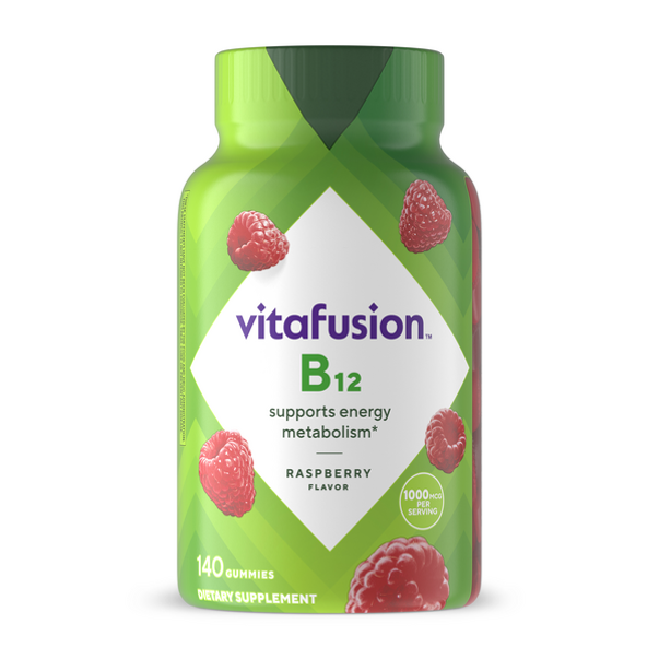 Vitafusion B12 1000mcg Raspberry Flavor, 140 Gummies, dietary supplement.
