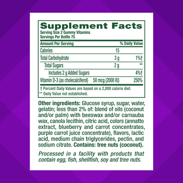 Supplement Facts panel for VF D3 2,000 IU Gummy 4/3 150 Count.