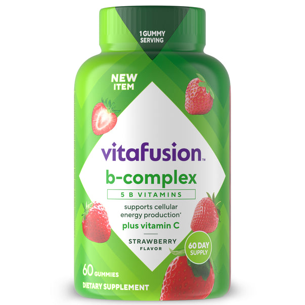 Vitafusion B-complex gummies with 5 B Vitamins and Vitamin C, strawberry flavor, 60-count dietary supplement.