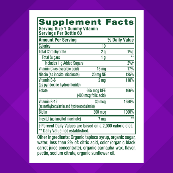 The Supplement Facts panel for B-Complex plus C Gummy 60 Count is displayed.