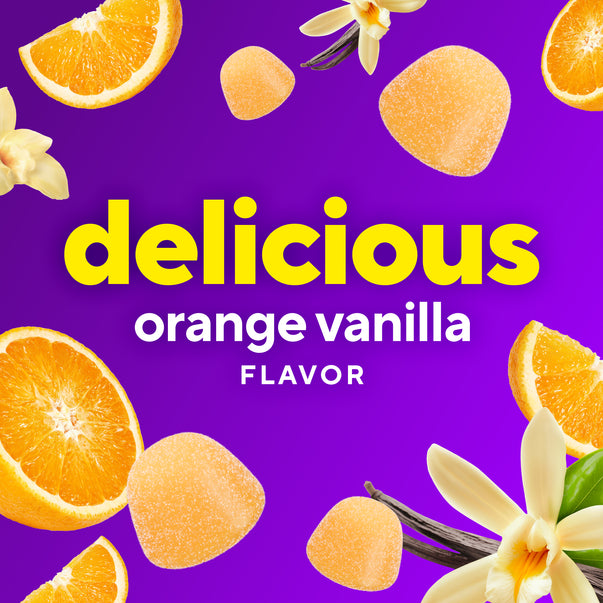 Orange vanilla flavored Magnesium Citrate 165 mg Gummies, with orange slices, vanilla. Text reads: 'delicious orange vanilla FLAVOR'.