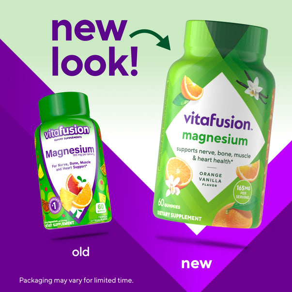 Old and new Vitafusion Magnesium Gummy Supplements, 165 mg per serving. Old: Tropical Citrus, New: Orange Vanilla, 60 gummies.