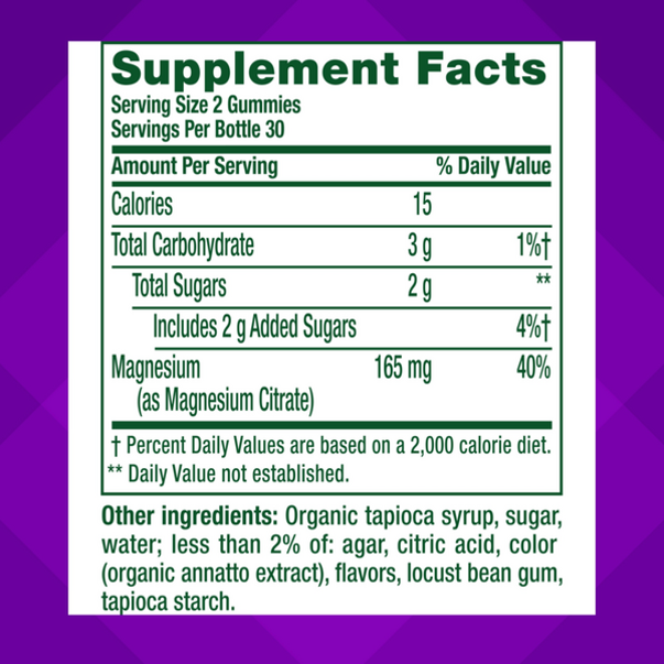Supplement Facts panel for Magnesium Citrate 165 mg gummy, 60 count bottle.