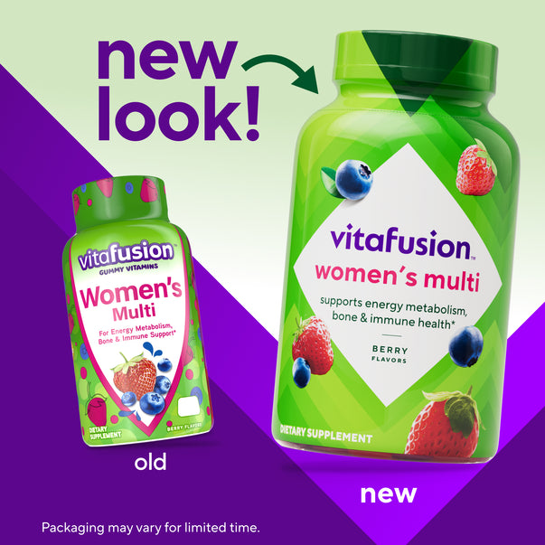Vitafusion Women's Multi Gummy Vitamin bottles, old and new packaging. New bottle states 'supports energy metabolism, bone & immune health*'.