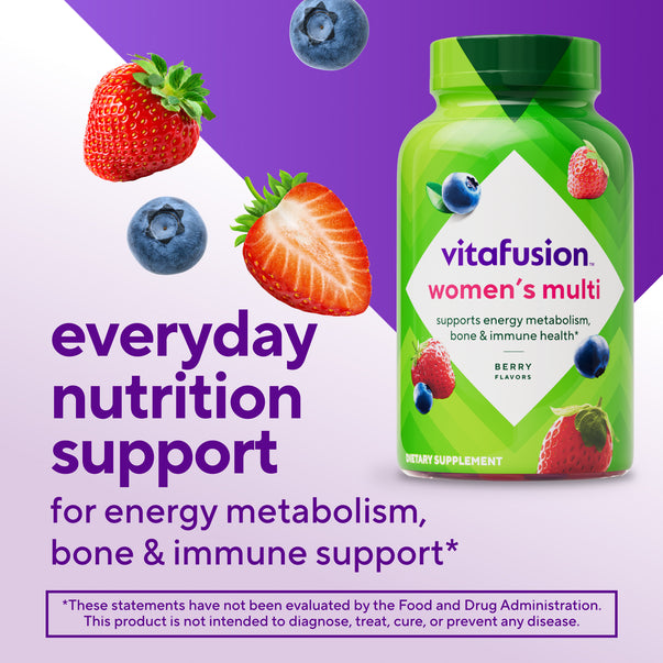 Vitafusion Women's Multi gummies in berry flavors, designed for women's health.