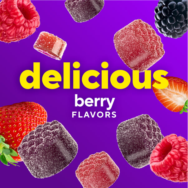 Sugar-coated red and dark purple gummies with fresh raspberries, strawberries, and blackberries. Text: 'delicious berry flavors'.