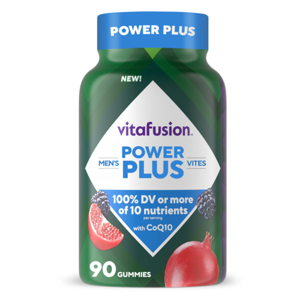 Vitafusion Power Plus Men's Vites, 90 gummies in a bottle shown. Supports men's daily nutritional needs with essential vitamins.