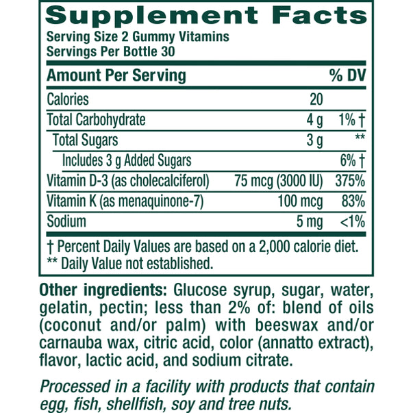 Power Plus D3 K2 Gummy, 60 count, Supplement Facts panel displayed.