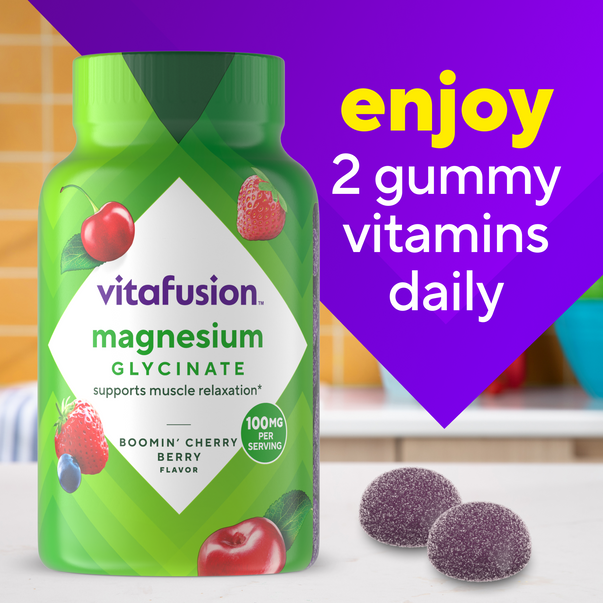 vitafusion Magnesium Glycinate 100 mg Gummy, Boomin' Cherry Berry Flavor. Take 2 gummies daily for supplement.