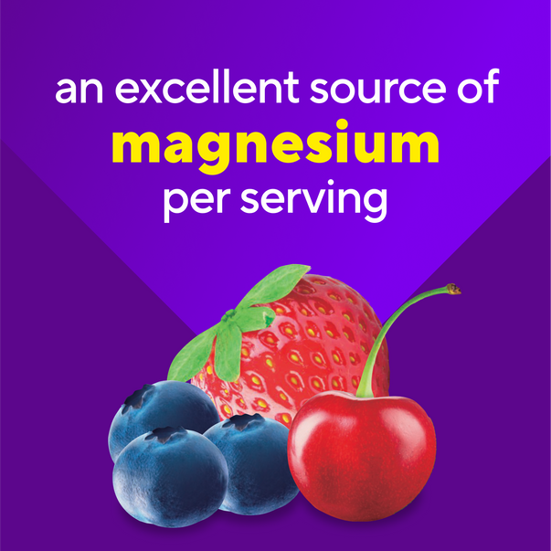 Graphic stating 'an excellent `source_id` of magnesium per serving' with a strawberry, blueberries, and a cherry.