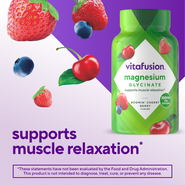Vitafusion Magnesium Glycinate gummies: 100mg per serving, Boomin' Cherry Berry Flavor. Supports muscle relaxation. 60 count.