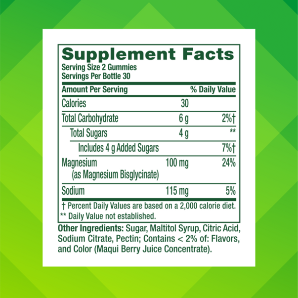 Supplement Facts panel for Magnesium Glycinate 100 mg Gummies, 60 Count.