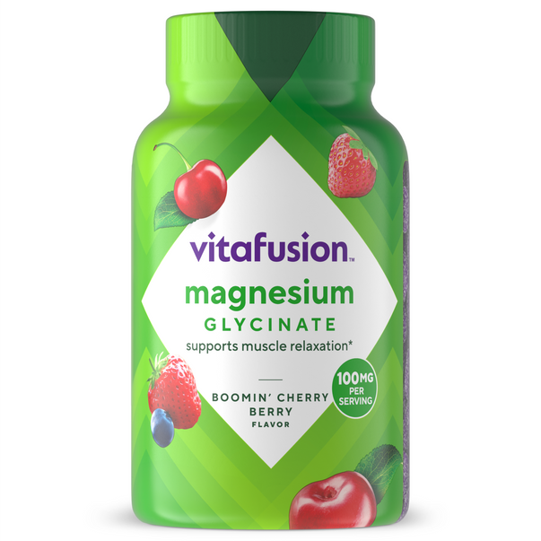 Vitafusion Magnesium Glycinate 100mg Gummy, supports muscle relaxation, Boomin' Cherry Berry Flavor, 60 Count.