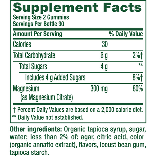 Supplement Facts panel for VF Extra Strength Magnesium Citrate Gummy, 4/3, 60 Count, showing ingredients and nutrition details.