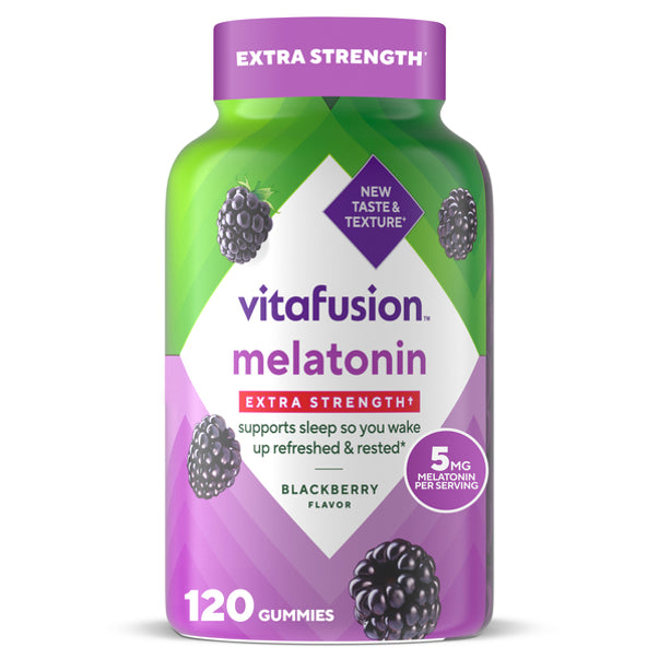 Vitafusion Extra Strength Melatonin 5 mg gummies in blackberry flavor, containing 120 gummies per bottle.