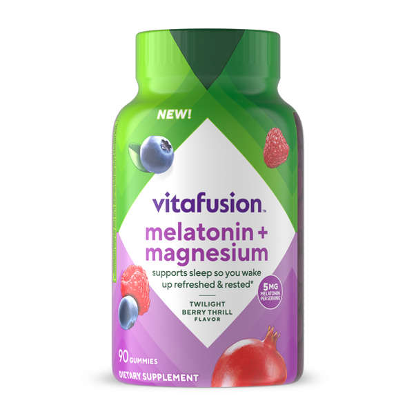 vitafusion Melatonin + Magnesium 5mg, 90 Gummies, Twilight Berry Thrill Flavor, supports sleep.