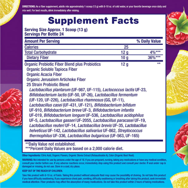Supplement Facts for VF Fiber Well Organic 10G Raspberry Lemonade 11oz.