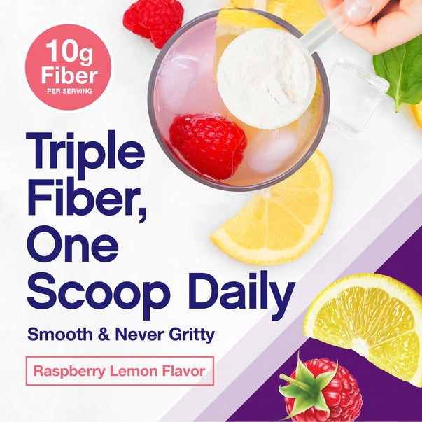Fiber Well Triple Fiber powder in Raspberry Lemon Flavor contains 10g of fiber per serving; smooth and never gritty texture.