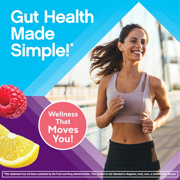 Smiling young woman jogging outdoors, representing the joyful energy of Fiber Well Raspberry Lemon.