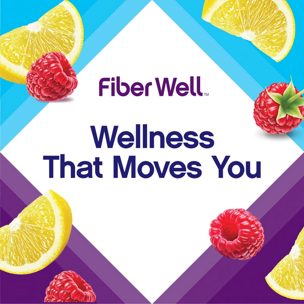 Fiber Well Raspberry Lemon graphic features fresh raspberries and lemon slices, stating 'Wellness That Moves You'.