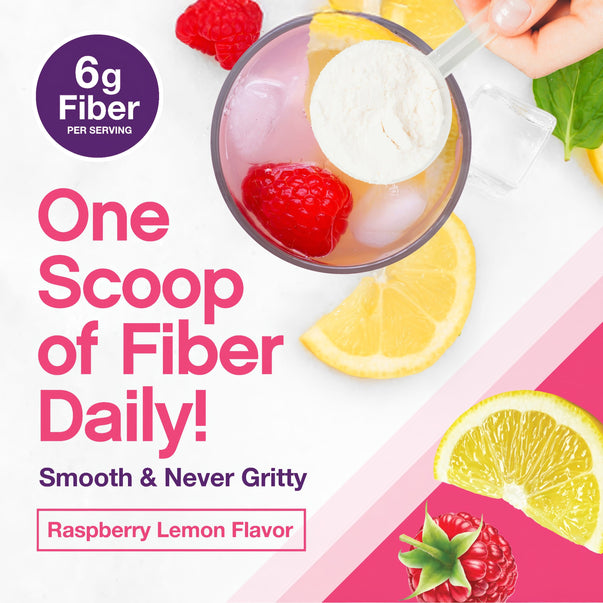 Product highlights graphic stating 6g Fiber PER SERVING, One Scoop of Fiber Daily!, Smooth & Never Gritty, Raspberry Lemon Flavor.