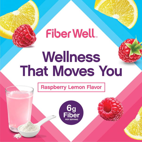 Fiber Well Raspberry Lemon Flavor powder with 6g fiber per serving. 'Wellness That Moves You' graphic featuring raspberries and lemon.