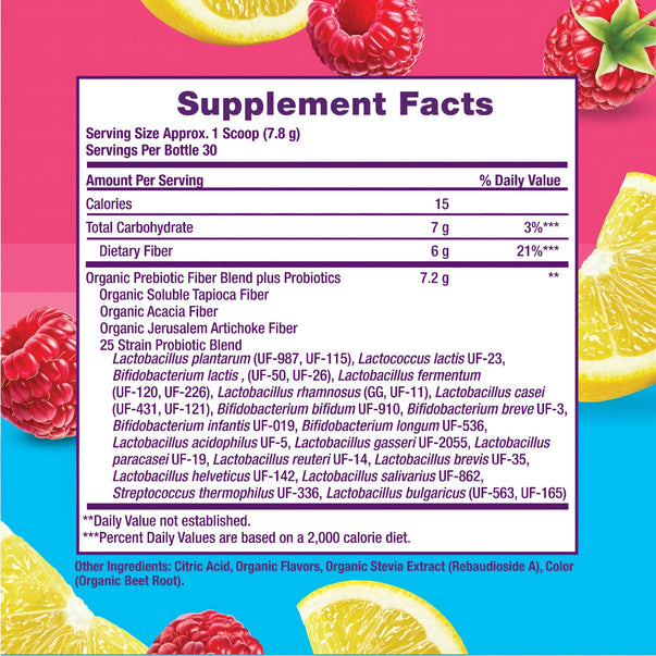Supplement Facts for VF Fiber Well Woman Organic 6G Raspberry Lemonade Powder, 8.25 oz.