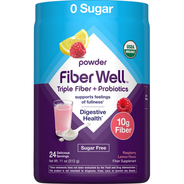Fiber Well Triple Fiber + Probiotics powder, Raspberry Lemon Flavor. 10g Fiber, 24 Servings, 11 oz. USDA Organic, Sugar Free.