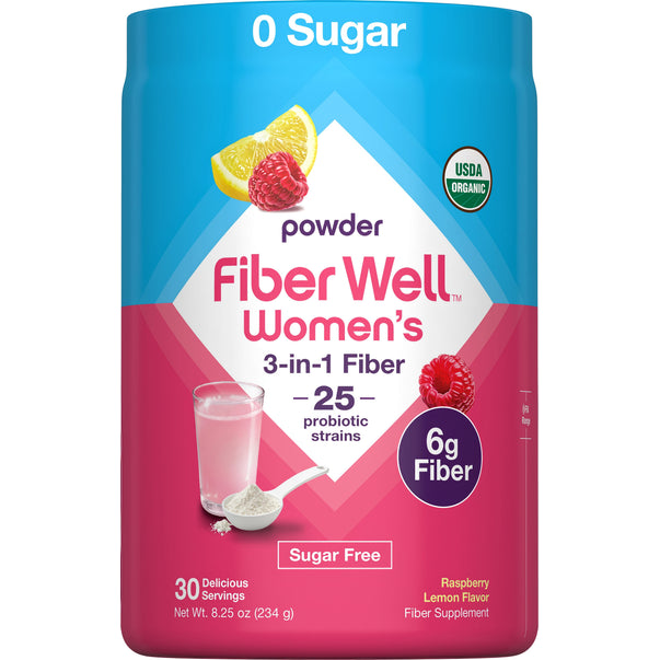 Fiber Well Women's supplement offers 6g fiber, 25 probiotic strains, raspberry lemon flavor, 8.25 oz, sugar-free, USDA organic.