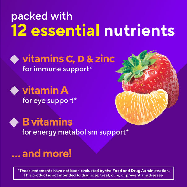 Product highlights graphic stating 12 essential nutrients, C, D, Zinc for immune support, A for eye support, B for energy metabolism support, ... and more!