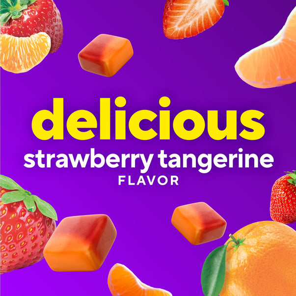 Strawberry tangerine FLAVOR gummies, whole and sliced strawberries, whole and segmented tangerines on display.