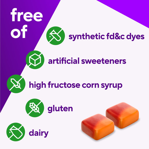 Product highlights graphic stating free of synthetic fd&c dyes, artificial sweeteners, high fructose corn syrup, gluten, dairy.