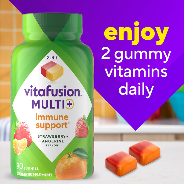 Vitafusion 2-IN-1 MULTI+ immune support gummies, Strawberry + Tangerine flavor, 90 count bottle and 2 gummies shown.
