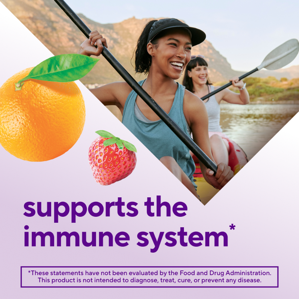 Two women kayaking on a lake with mountains; an orange, a strawberry, and text 'supports the immune system'.