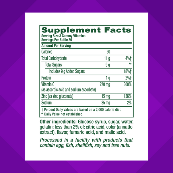Supplement Facts panel for VF Power Zinc and C Gummy, 90-count bottle.