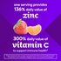 Product highlights graphic stating 136% DV zinc, 300% DV vitamin C, for immune health*. *FDA not evaluated, not to diagnose, treat, cure, prevent disease.