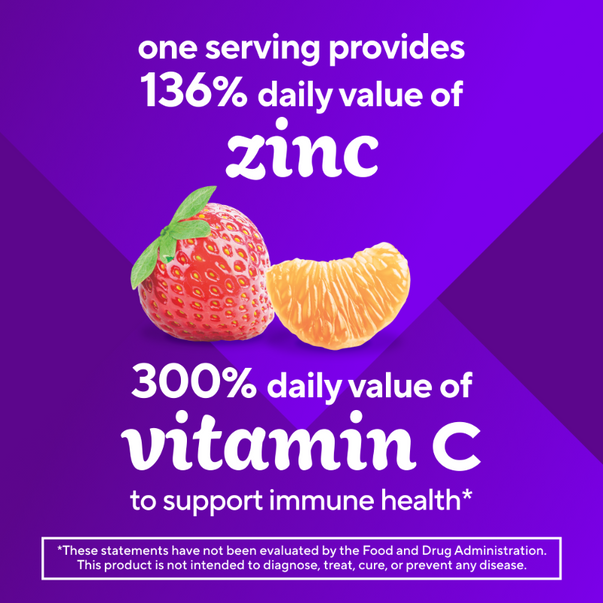 Product highlights graphic stating 136% DV zinc, 300% DV vitamin C, for immune health*. *FDA not evaluated, not to diagnose, treat, cure, prevent disease.