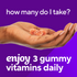 VF Power Zinc + C Gummy vitamins, 3 gummies shown in a hand with text stating 'enjoy 3 gummy vitamins daily'.