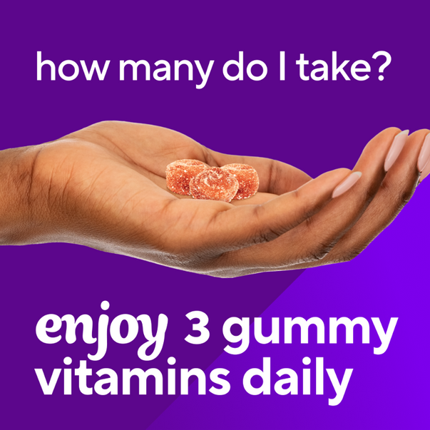 VF Power Zinc + C Gummy vitamins, 3 gummies shown in a hand with text stating 'enjoy 3 gummy vitamins daily'.