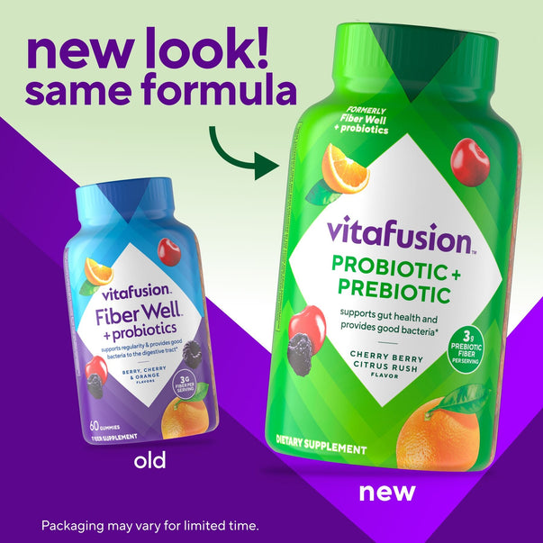 New green vitafusion Probiotic + Prebiotic 60 count gummies replacing old blue vitafusion Fiber Well + Probiotics 60 count packaging.