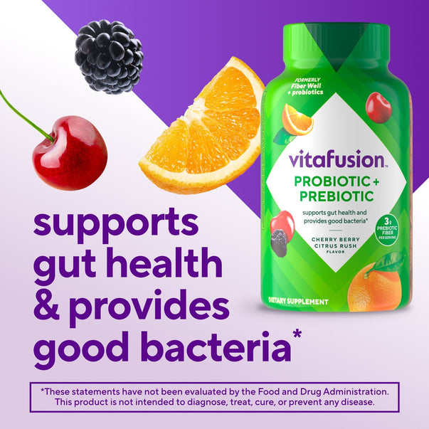 Vitafusion PROBIOTIC + PREBIOTIC, formerly Fiber Well + probiotics, Cherry Berry Citrus Rush flavor. Dietary supplement.