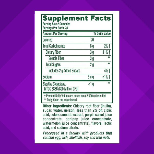 Supplement Facts for VF Fiber Well + Probiotic Gummies, 60 Count, displaying nutritional details.