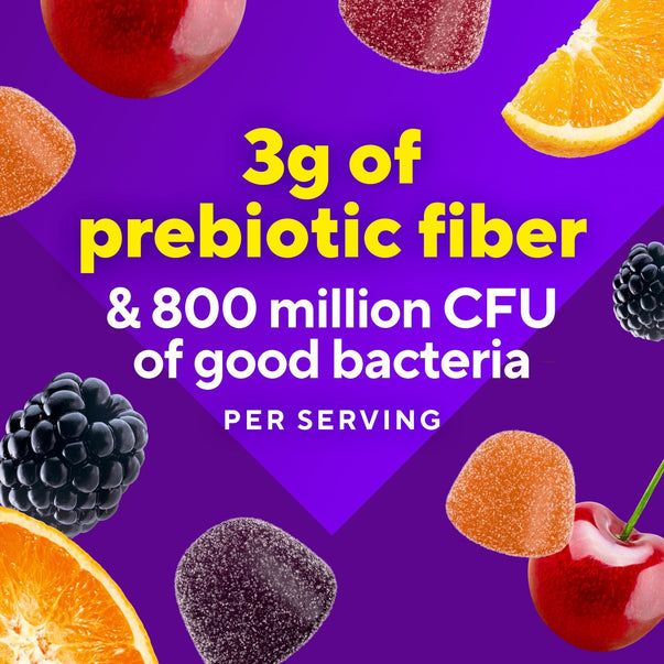 VF Fiber Well + Probiotic Gummy provides 3g of prebiotic fiber and 800 million CFU of good bacteria per serving.