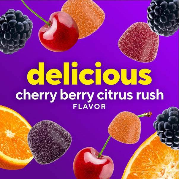 VF Fiber Well + Probiotic Gummy 60 Count, cherry berry citrus rush flavor. Visible gummies, blackberries, cherries, orange slices.